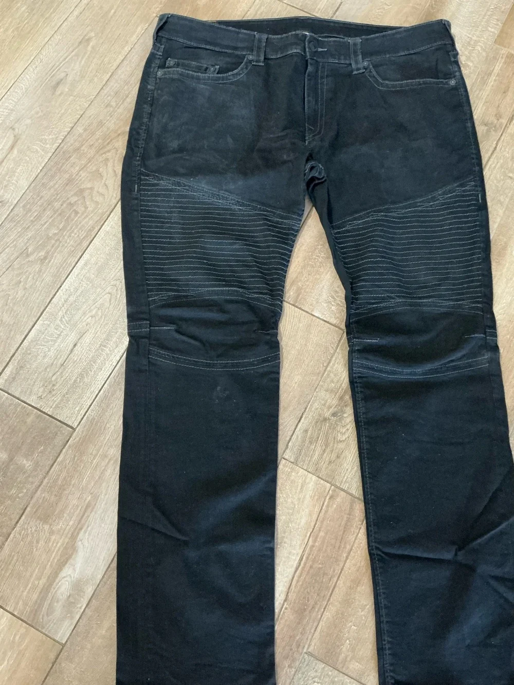Vintage True Religion Moto Jeans Mens 42 Black Denim Stitched Knee Slim Fit